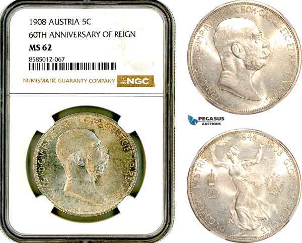 AL367, Austria, Franz Joseph, 5 Corona 1908, Vienna Mint, Silver, "60TH ANNIVERSARY OF REIGN", NGC MS62