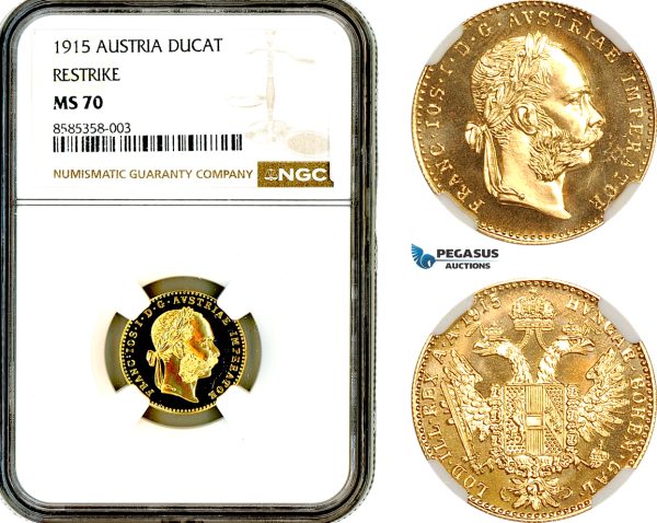 AL368, Austria, Franz Joseph, Restrike 1 Ducat 1915, Vienna Mint, Gold, NGC MS70, Top Pop!