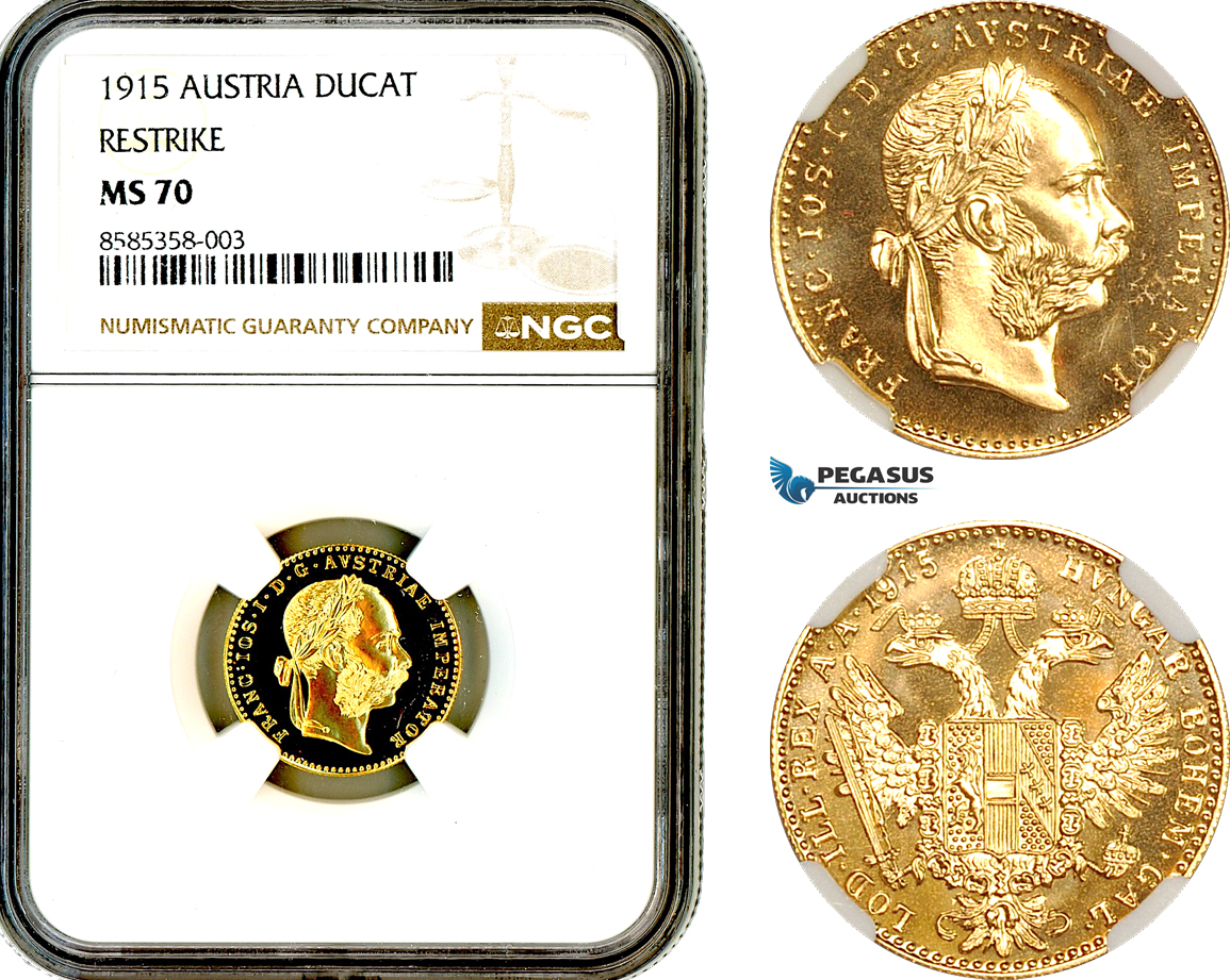 AL368, Austria, Franz Joseph, Restrike 1 Ducat 1915, Vienna Mint, Gold, NGC MS70, Top Pop!
