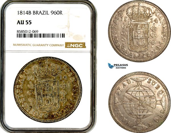 AL369, Brazil, Joao Prince Regent, 960 Reis 1814 B, Bahia Mint, Silver, NGC AU55