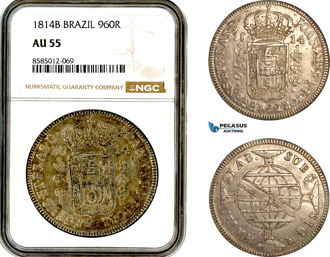 AL369, Brazil, Joao Prince Regent, 960 Reis 1814 B, Bahia Mint, Silver, NGC AU55