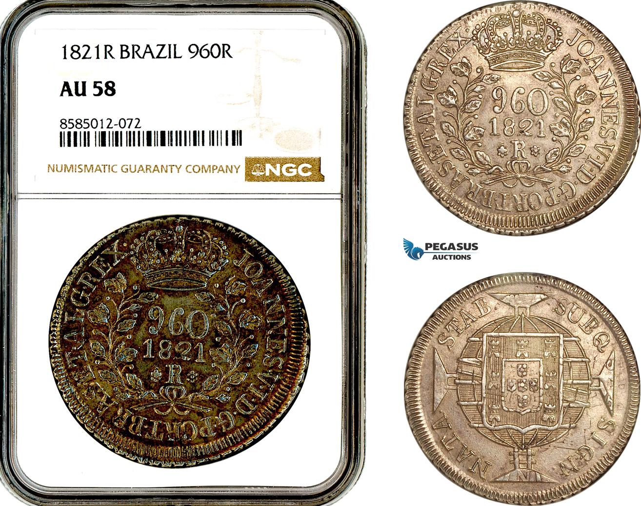 AL371, Brazil, Joao VI, 960 Reis 1821 R, Rio de Janeiro Mint, Silver, NGC AU58