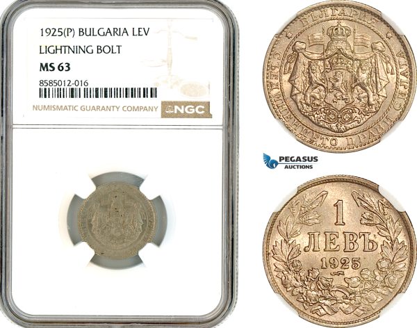 AL374, Bulgaria, Boris III, 1 Lev 1925 (P) Lightning Bolt, Poissy Mint, NGC MS63
