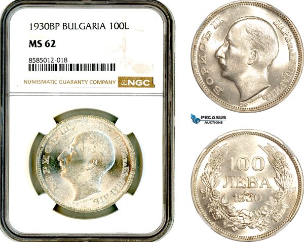 AL375, Bulgaria, Boris III, 100 Leva 1930 BP, Budapest Mint, Silver, NGC MS62
