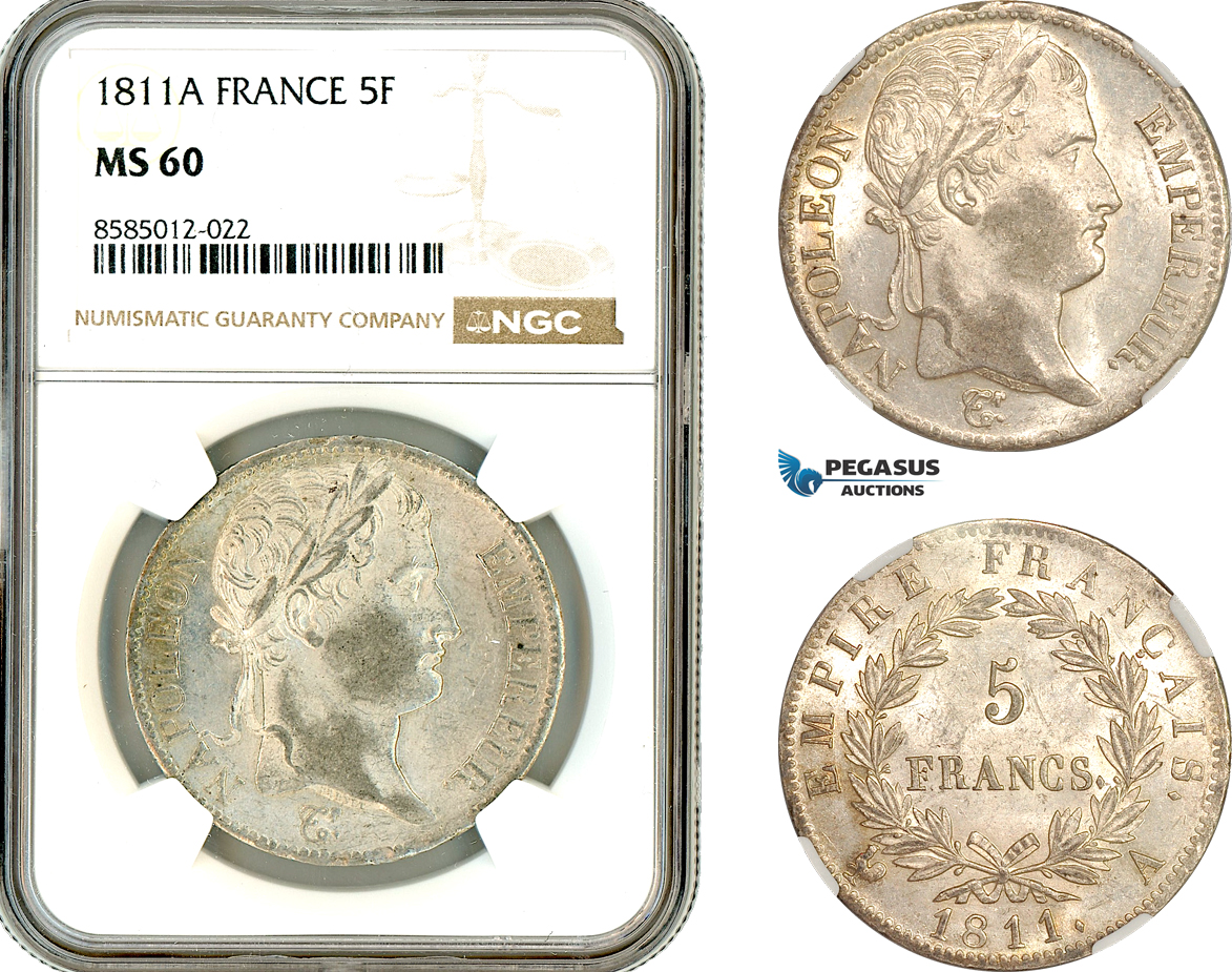 AL378, France, Napoleon, 5 Francs 1811 A, Paris Mint, Silver, NGC MS60