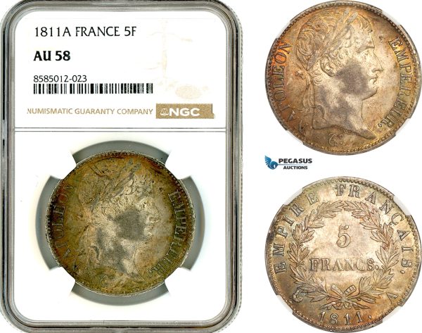 AL379, France, Napoleon, 5 Francs 1811 A, Paris Mint, Silver, NGC AU58