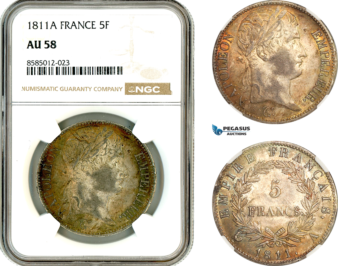 AL379, France, Napoleon, 5 Francs 1811 A, Paris Mint, Silver, NGC AU58