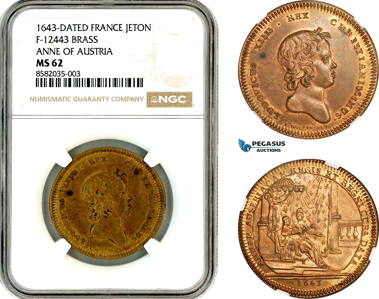 AL380, France, Louis XIV, Brass Medal 1643, Anne of Austria Regent, NGC MS62