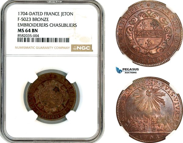 AL381, France, Louis XIV, Bronze Medal 1704, Embroiderers - Chasubliers, NGC MS64BN