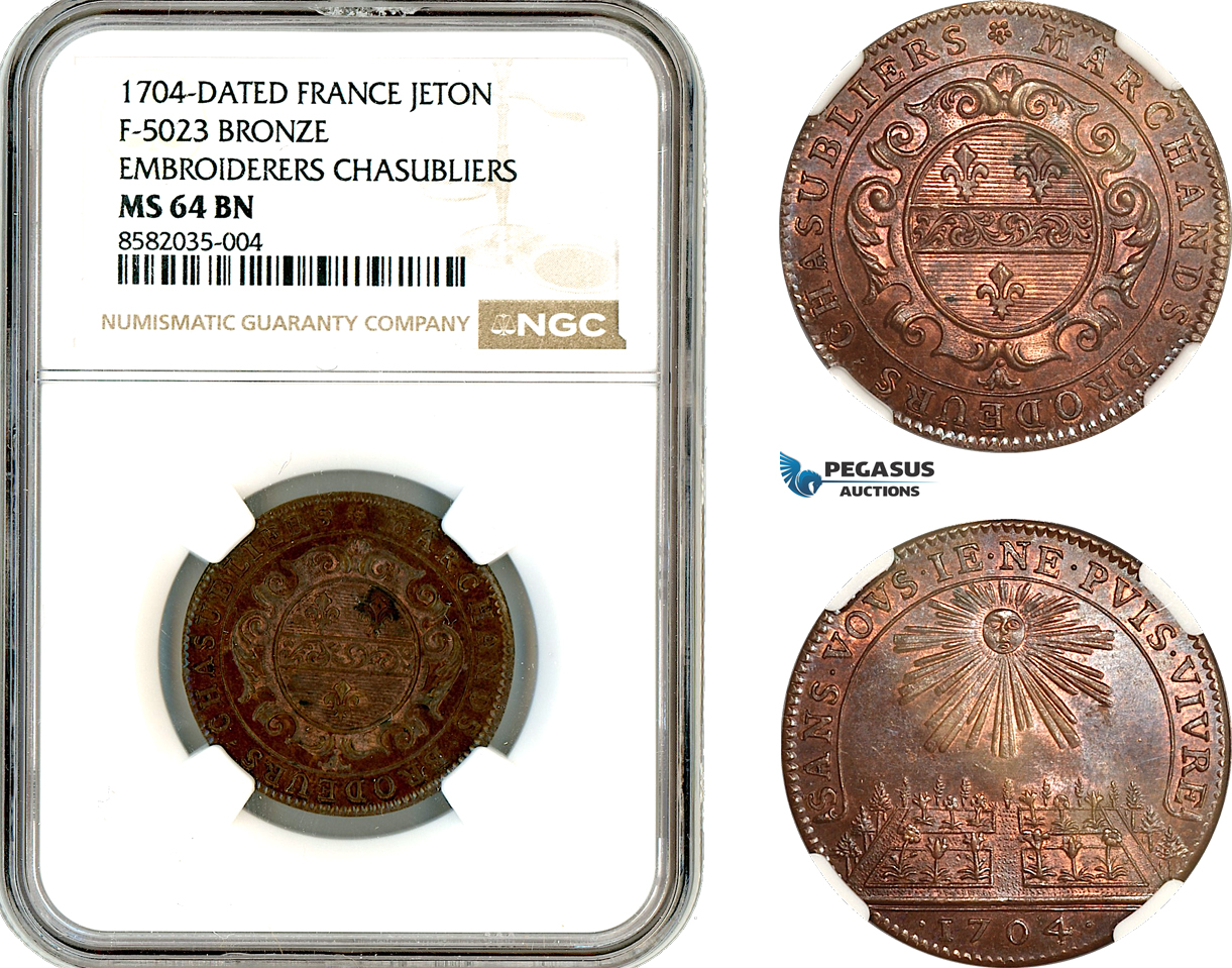 AL381, France, Louis XIV, Bronze Medal 1704, Embroiderers - Chasubliers, NGC MS64BN