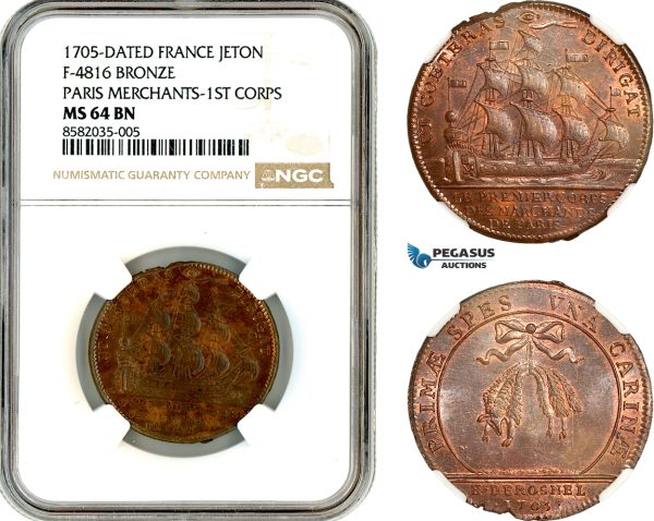 AL382, France, Louis XIV, Bronze Medal 1705, Paris Merchants - 1ST Corps, Ship, NGC MS64BN