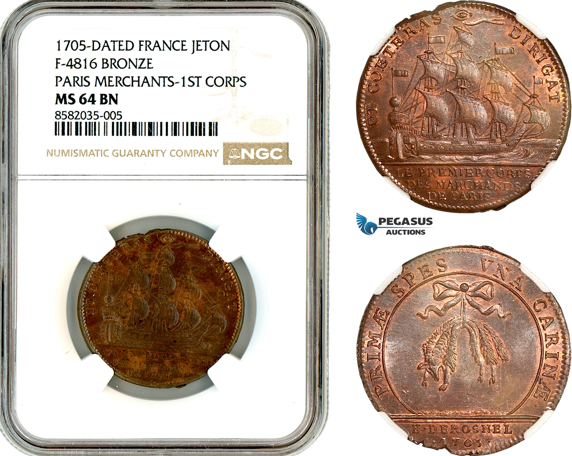 AL382, France, Louis XIV, Bronze Medal 1705, Paris Merchants - 1ST Corps, Ship, NGC MS64BN