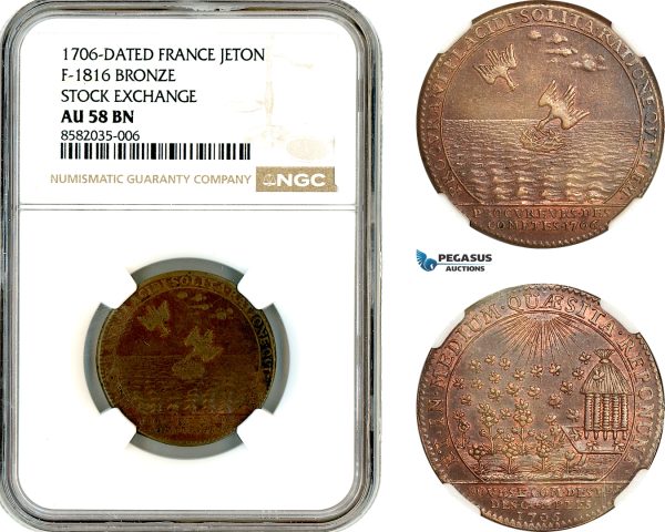 AL383, France, Louis XIV, Bronze Medal 1706, Stock Exchange, Bee, Hive, NGC AU58BN