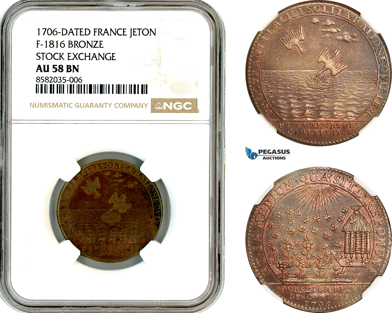 AL383, France, Louis XIV, Bronze Medal 1706, Stock Exchange, Bee, Hive, NGC AU58BN