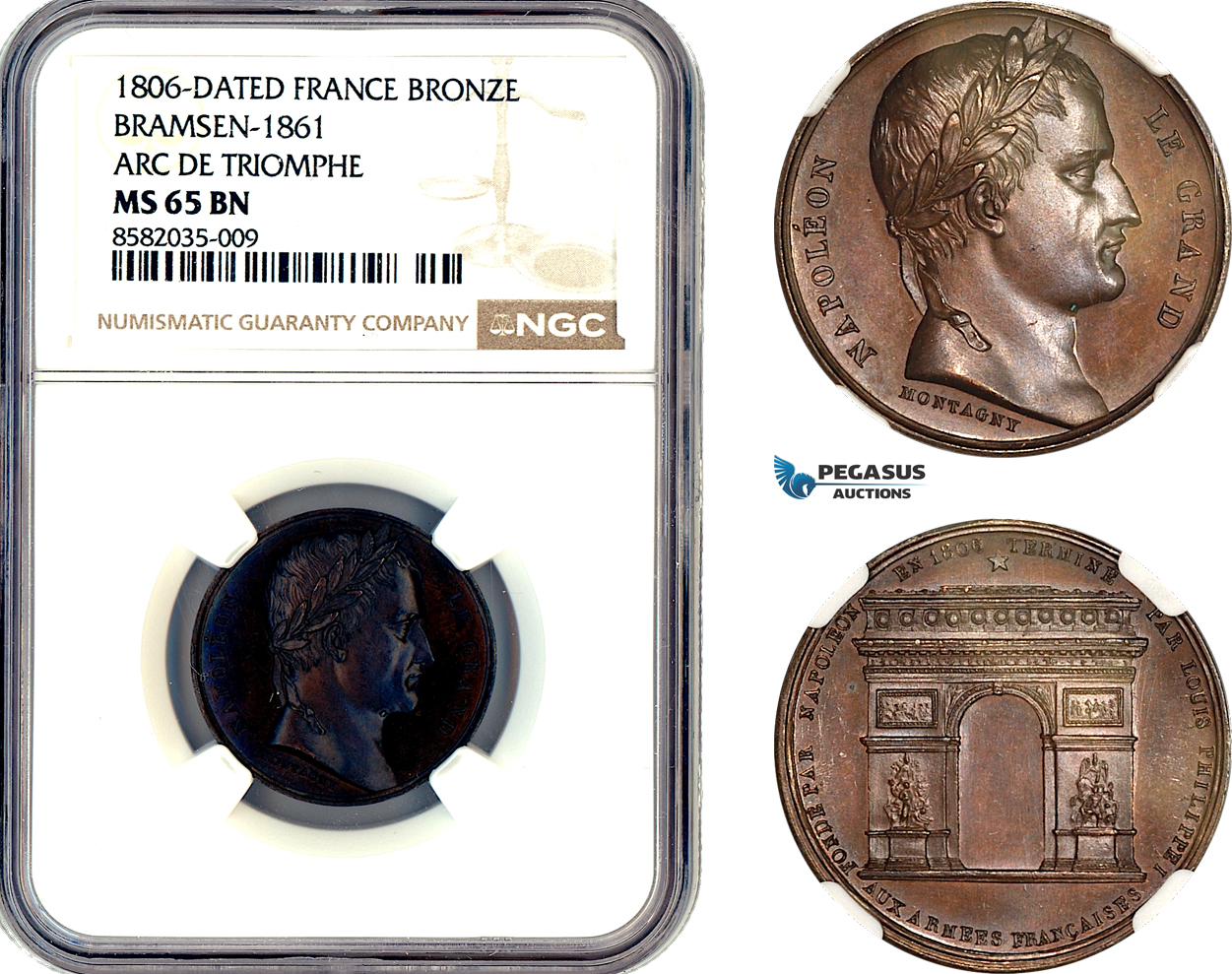 AL385, France, Napoleon, Bronze Medal 1806, by Montagny, Arc de Triomphe, NGC MS65BN