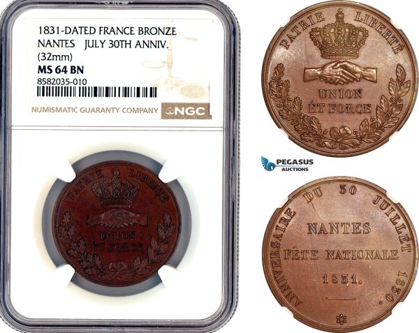 AL386, France, Nantes, Bronze Medal 1831, July 30TH Anniv, NGC MS64BN
