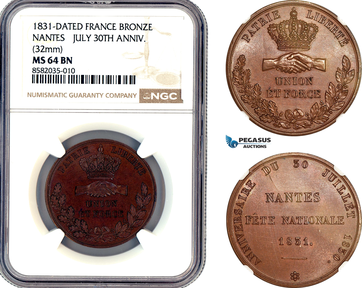 AL386, France, Nantes, Bronze Medal 1831, July 30TH Anniv, NGC MS64BN