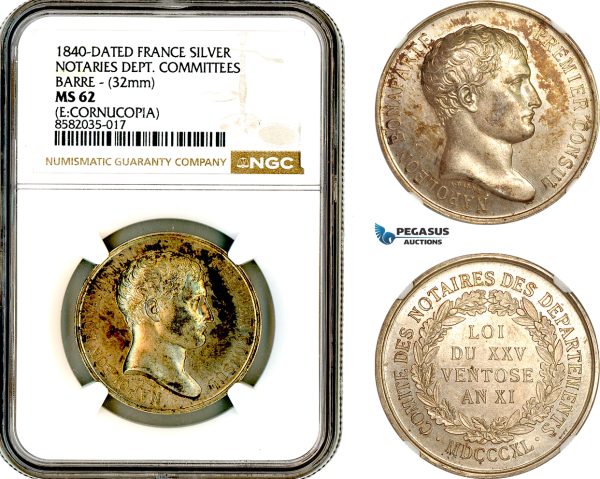 AL387, France, Napoleon I, Silver Medal 1840, by Barre, Notaries Committees, NGC MS62