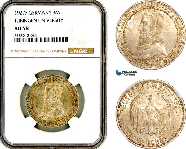 AL388, Germany, Weimar Republic, 3 Reichsmark 1927 F, Stuttgart, Silver, “Tubingen University”, NGC AU58