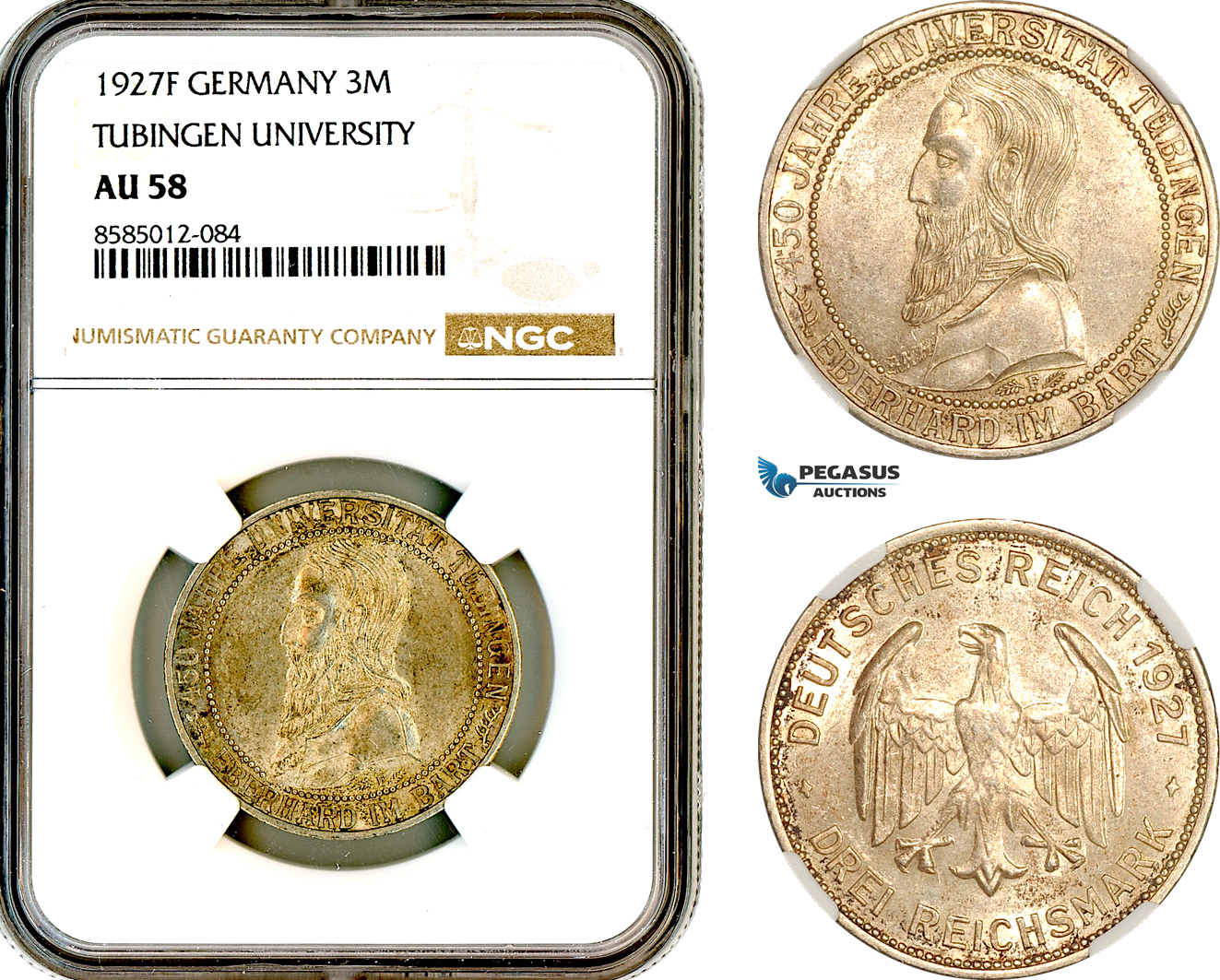 AL388, Germany, Weimar Republic, 3 Reichsmark 1927 F, Stuttgart, Silver, “Tubingen University”, NGC AU58