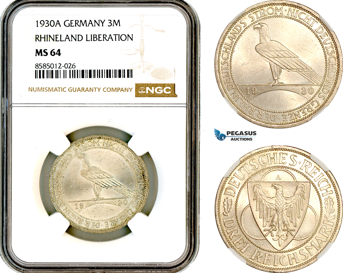 AL389, Germany, Weimar Republic, 3 Reichsmark 1930 A, Berlin Mint, Silver, "Rhineland Liberation", NGC MS64