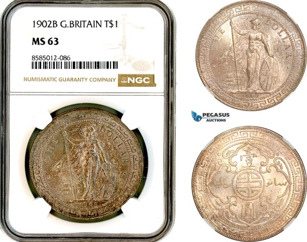 AL390, Great Britain, Trade Dollar 1902 B, Bombay Mint, Silver, NGC MS63