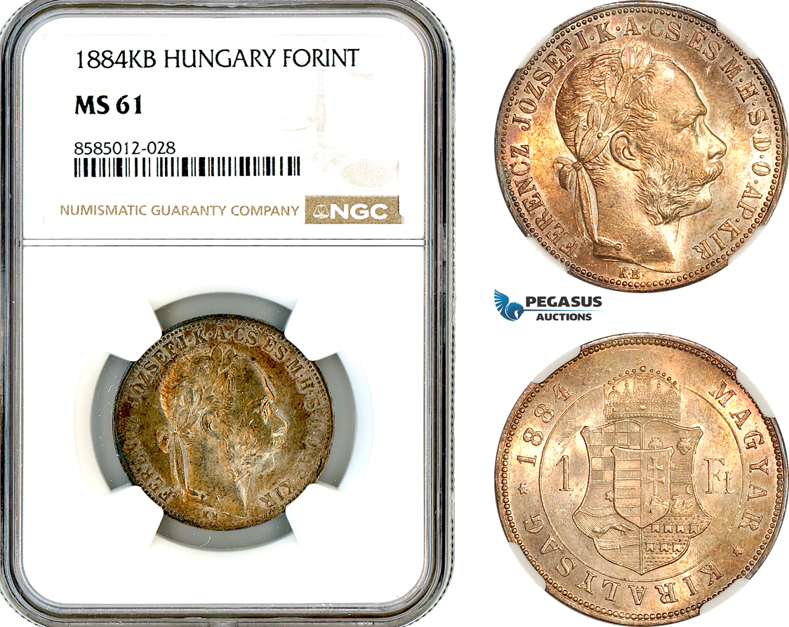 AL396, Hungary, Franz Joseph, 1 Forint 1884 KB, Kremnitz Mint, Silver, NGC MS61