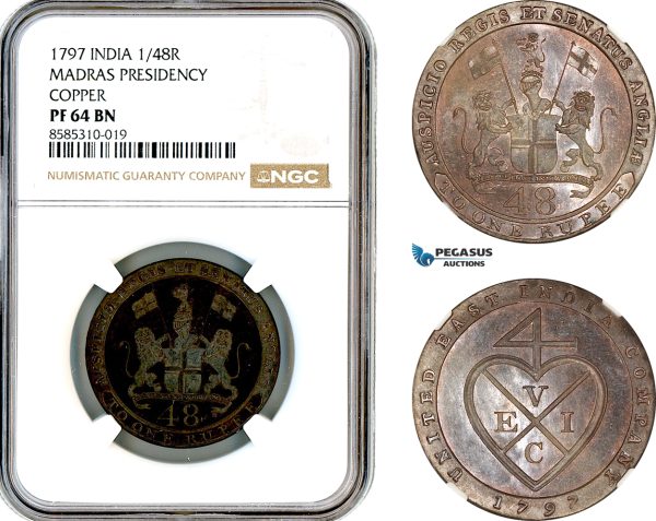 AL397, India, United East India Company, Madras Presidency, 1/48 Rupee 1797, Soho Mint, NGC PF64BN