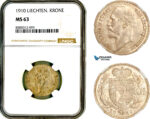 AL400, Liechtenstein, Johann, 1 Krone 1910, Vienna Mint, Silver, NGC MS63