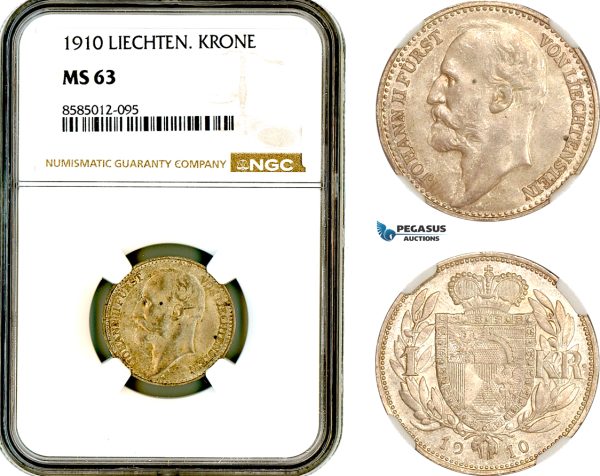 AL400, Liechtenstein, Johann, 1 Krone 1910, Vienna Mint, Silver, NGC MS63