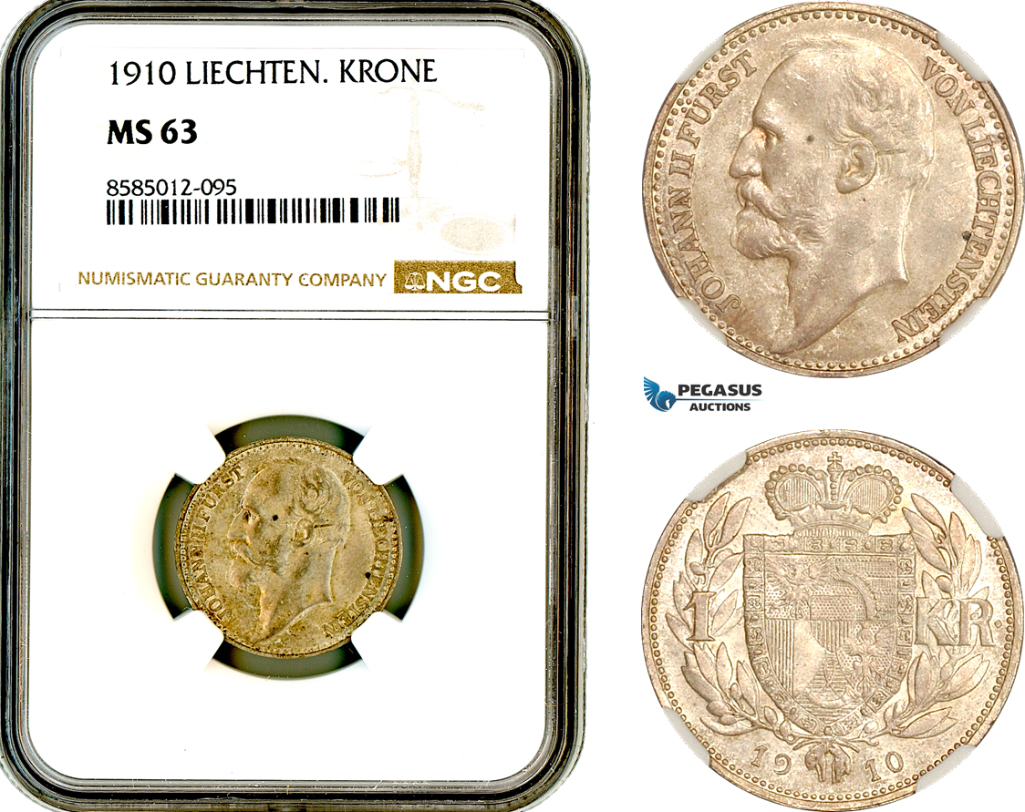 AL400, Liechtenstein, Johann, 1 Krone 1910, Vienna Mint, Silver, NGC MS63