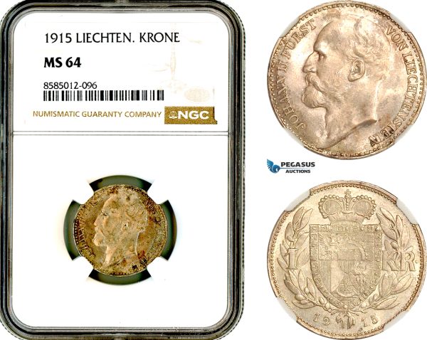 AL401, Liechtenstein, Johann, 1 Krone 1915, Vienna Mint, Silver, NGC MS64