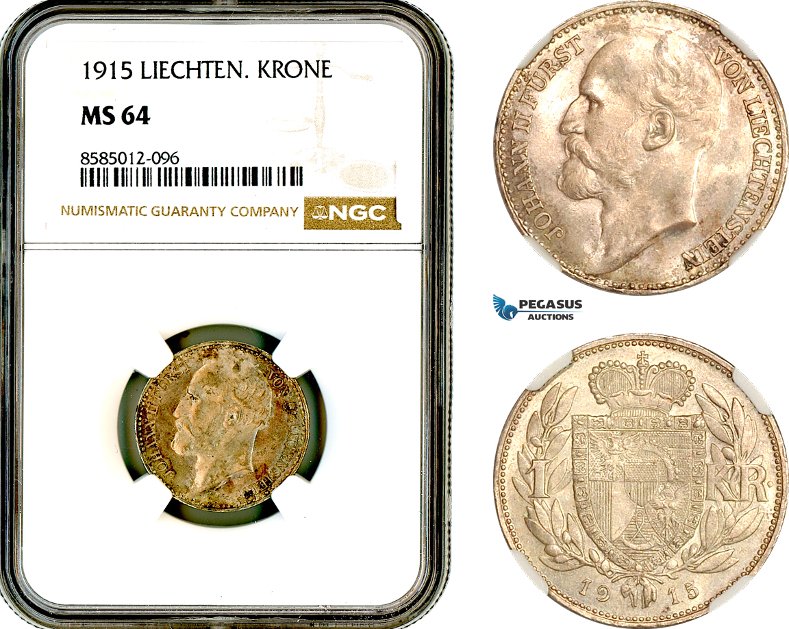 AL401, Liechtenstein, Johann, 1 Krone 1915, Vienna Mint, Silver, NGC MS64