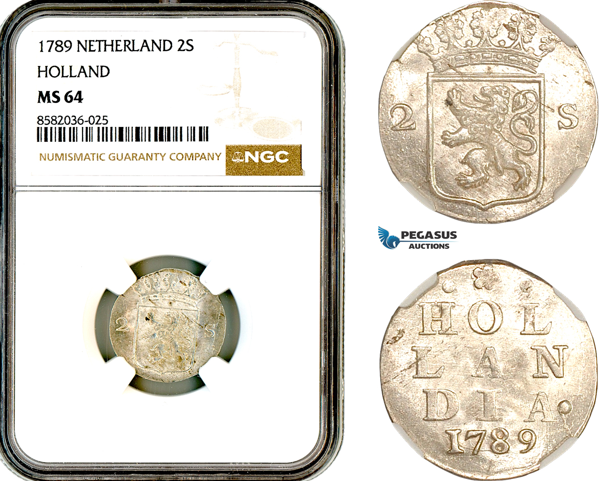 AL403, Netherlands, Holland, 2 Stuivers 1789, Silver, NGC MS64, Top Pop!