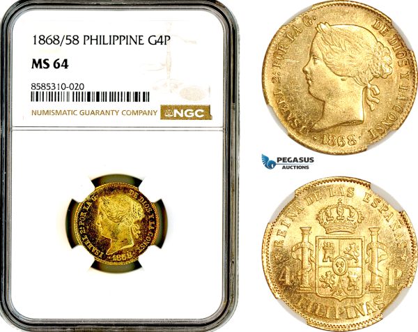 AL404, Philippines, Spanish Adm., Isabel II, 4 Pesos 1868/58 overdate, Manila Mint, Gold, NGC MS64