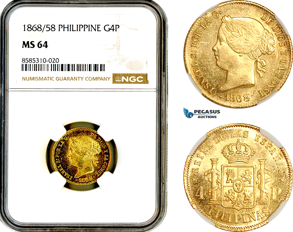 AL404, Philippines, Spanish Adm., Isabel II, 4 Pesos 1868/58 overdate, Manila Mint, Gold, NGC MS64