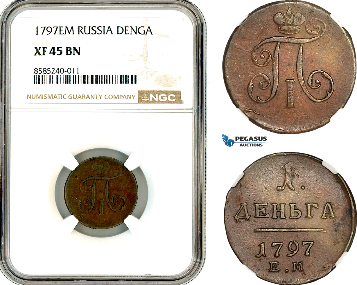 AL405, Russia, Paul I, Denga (1/2 Kopek) 1797 ЕМ, Ekaterinburg Mint, NGC XF45BN