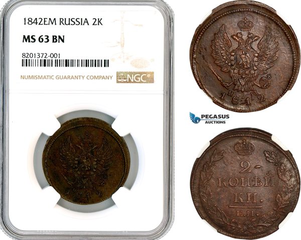 AL406, Russia, Nicholas I, 2 Kopeks 1812 ЕМ-HM, Ekaterinburg Mint, NGC MS63BN (Slab error as 1842)