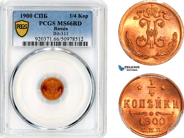 AL422, Russia, Nicholas II, 1/4 Kopek 1900 СПБ, St. Petersburg Mint, PCGS MS66RD