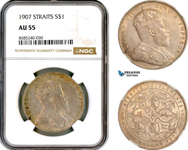 AL429, Straits Settlements, Edward VII, 1 Dollar 1907, London Mint, Silver, NGC AU55