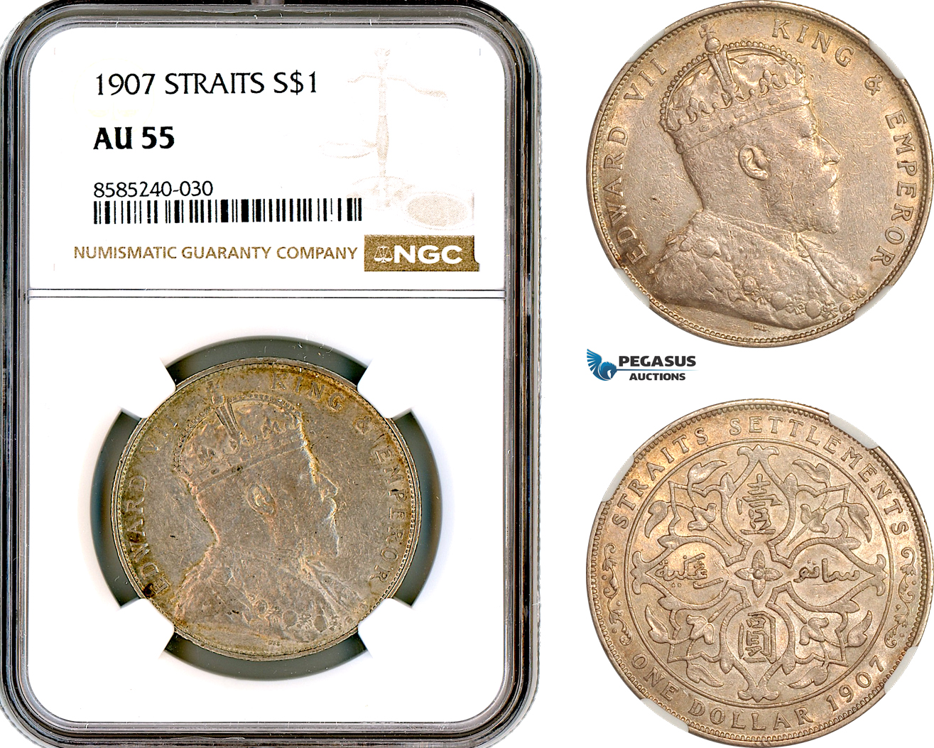 AL429, Straits Settlements, Edward VII, 1 Dollar 1907, London Mint, Silver, NGC AU55