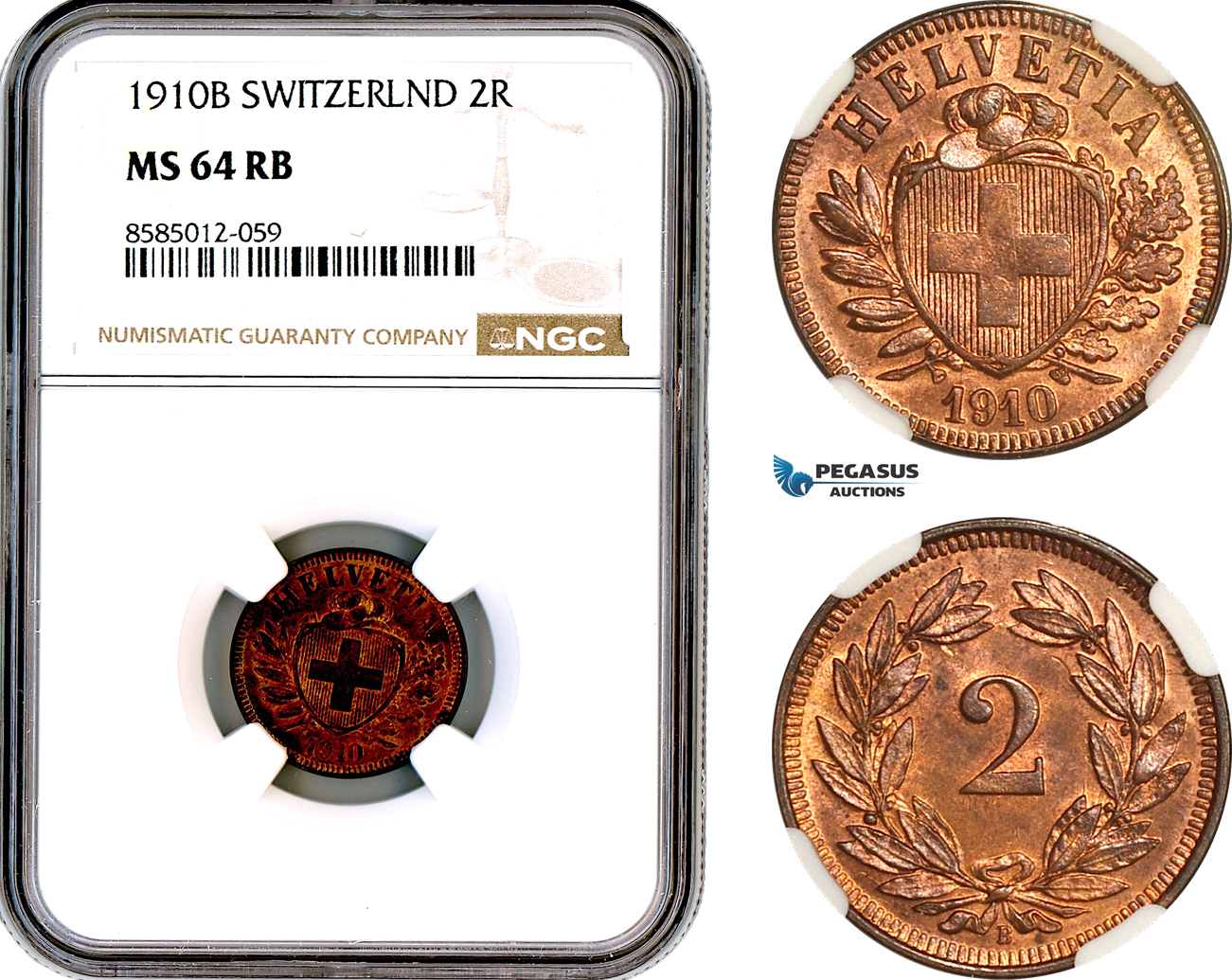 AL430, Switzerland, 2 Rappen 1910 B, Bern Mint, NGC MS64RB