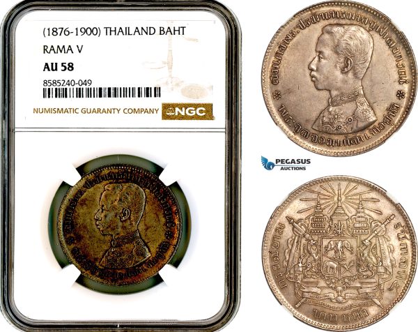 AL431, Thailand, Rama V, 1 Baht ND (1876-1900) Silver, NGC AU58