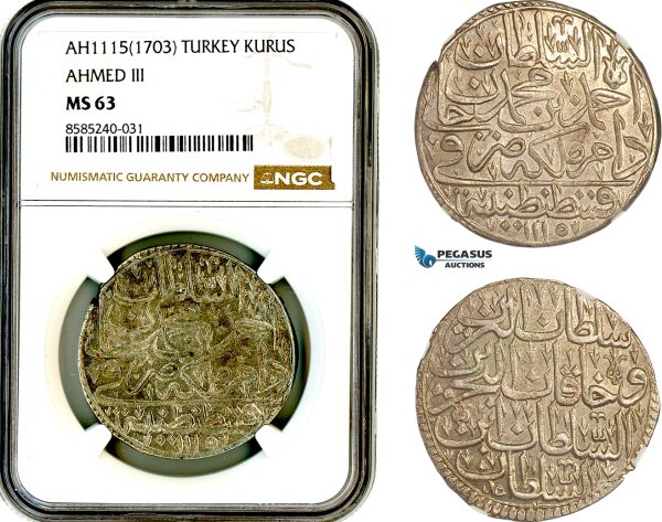 AL432, Turkey, Ottoman Empire, Ahmed III, 1 Kurus AH1115 (1703) Islambul Mint, Silver, NGC MS63