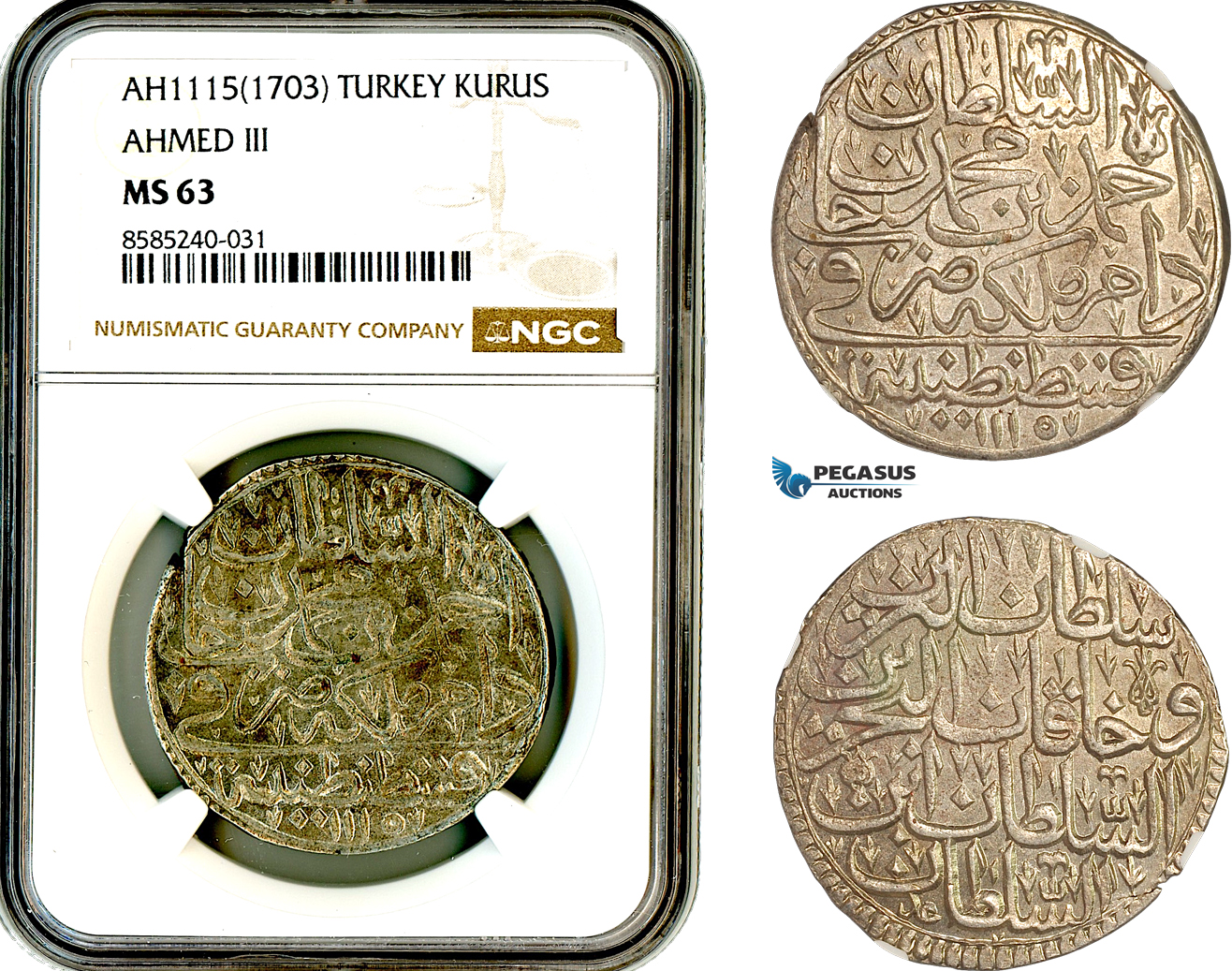 AL432, Turkey, Ottoman Empire, Ahmed III, 1 Kurus AH1115 (1703) Islambul Mint, Silver, NGC MS63