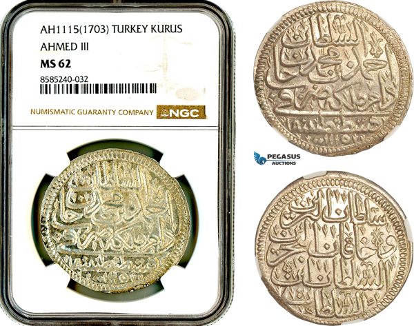AL433, Turkey, Ottoman Empire, Ahmed III, 1 Kurus AH1115 (1703) Islambul Mint, Silver, NGC MS62