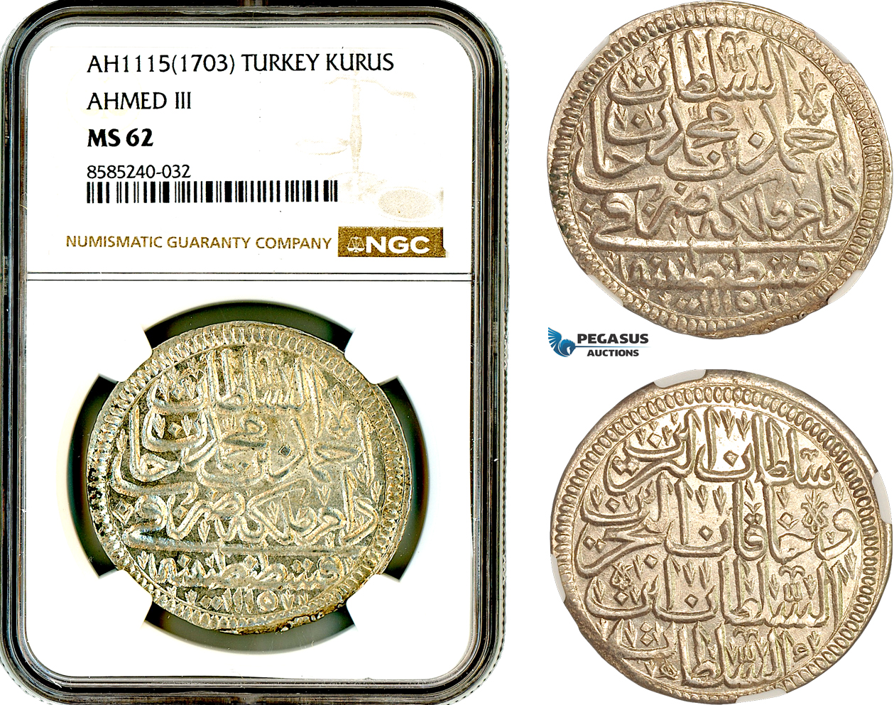 AL433, Turkey, Ottoman Empire, Ahmed III, 1 Kurus AH1115 (1703) Islambul Mint, Silver, NGC MS62