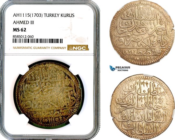 AL434, Turkey, Ottoman Empire, Ahmed III, 1 Kurus AH1115 (1703) Islambul Mint, Silver, NGC MS62