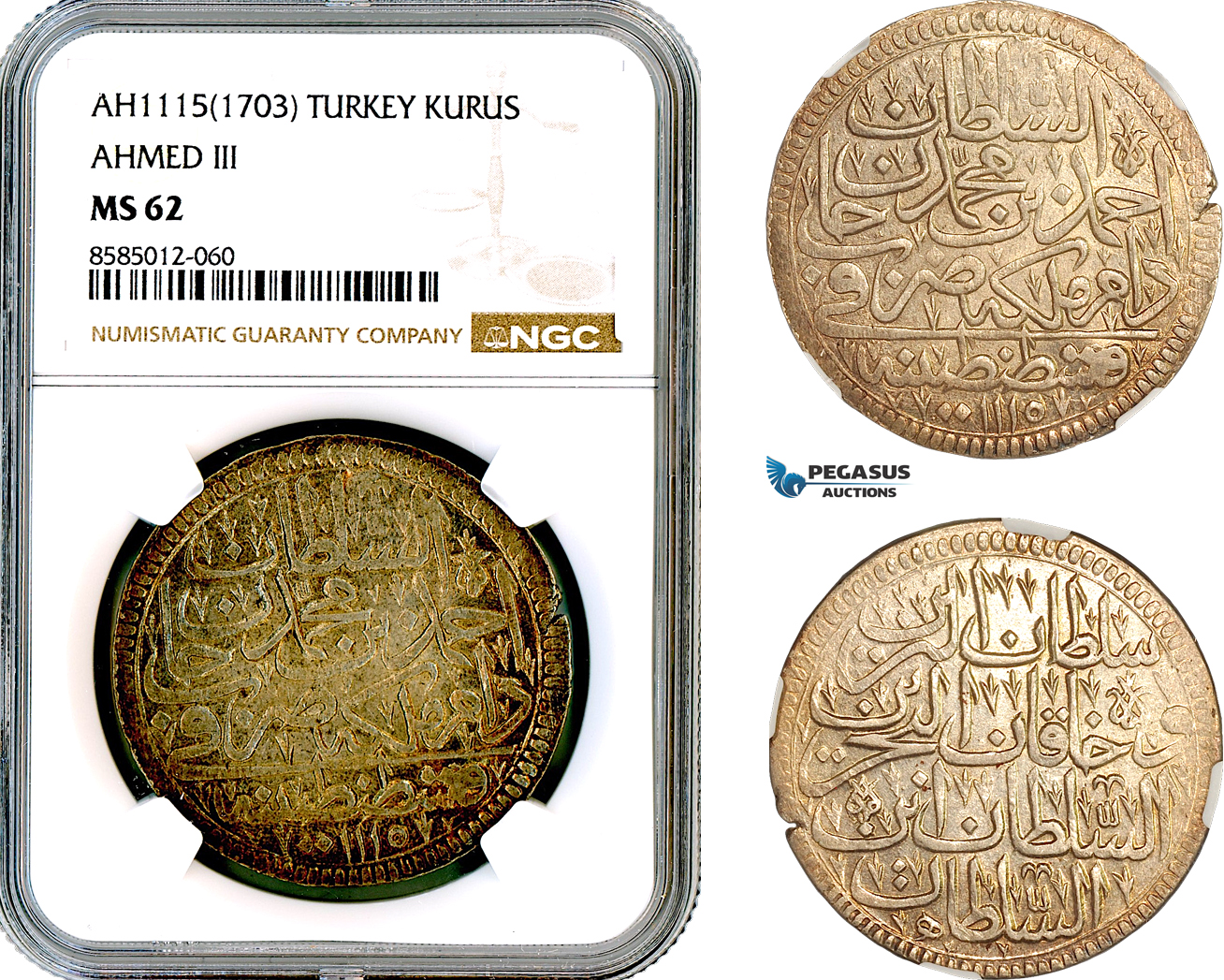 AL434, Turkey, Ottoman Empire, Ahmed III, 1 Kurus AH1115 (1703) Islambul Mint, Silver, NGC MS62