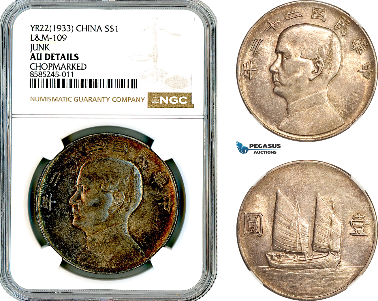AL444, China, "Junk" Dollar Yr. 22 (1933), Silver, L&M-109, NGC AU Details